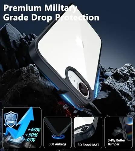 FNTCASE for iPhone 16e Phone Case: Anti Yellowing Shockproof Case | Military Grade Protection Scratch-Resistant Cases | Rugged Slim Transparent Cell Phone Cover (D-Black) - 6