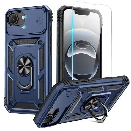 Goton Compatible for iPhone 16e Case with Screen Protector - Slide Camera Cover Protective Phone Case with Ring Stand, Heavy Duty Shockproof Rugged Bumper for iPhone 16e Accessories Blue - GOTON (1)
