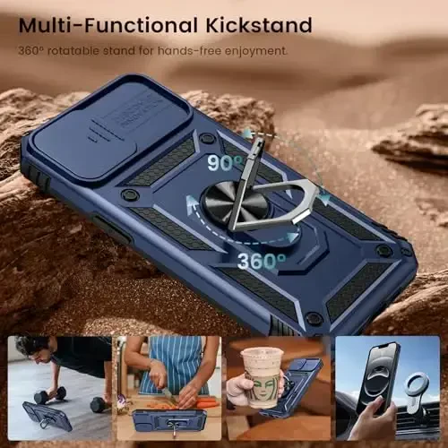 Goton Compatible for iPhone 16e Case with Screen Protector - Slide Camera Cover Protective Phone Case with Ring Stand, Heavy Duty Shockproof Rugged Bumper for iPhone 16e Accessories Blue - 6