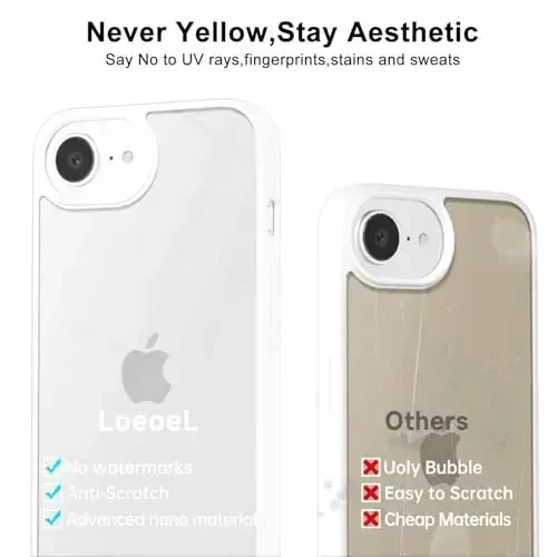 LoeoeL for iPhone 16e Case Clear, Transparent Hybrid 16e Phone Case [Hard Plastic & Soft Silicone Bumper] Acrylic Non Yellowing Thin Slim Protective Cover for Women, White - 4