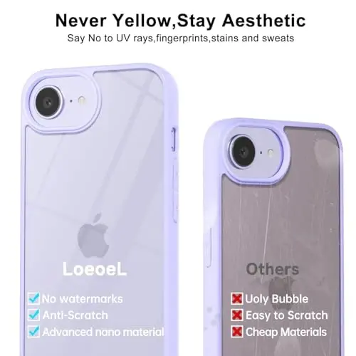LoeoeL for iPhone 17e 16e Case Clear, Transparent Hybrid 17e 16e Phone Case [Hard Plastic & Soft Silicone Bumper] Acrylic Non Yellowing Thin Slim Protective Cover for Women, Purple Lavender - 4