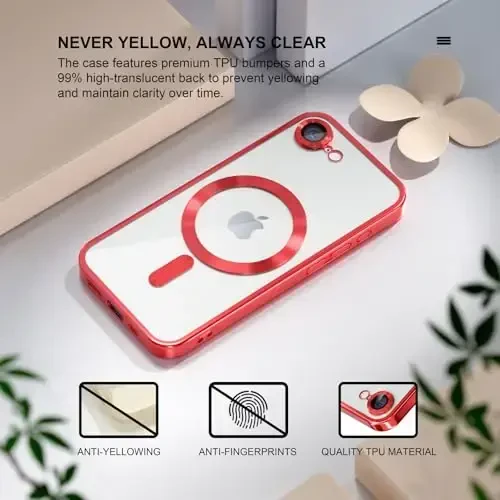 Misea Magnetic for iPhone 16e Case Compatible with MagSafe [Never Yellowing] [Military Grade Drop Protection] Full Camera Lens Protector Plating Soft Clear Phone Case for Women 6.1 inch, Red - 3