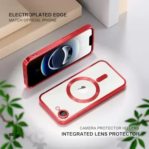 Misea Magnetic for iPhone 16e Case Compatible with MagSafe [Never Yellowing] [Military Grade Drop Protection] Full Camera Lens Protector Plating Soft Clear Phone Case for Women 6.1 inch, Red - 6