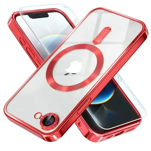 Misea Magnetic for iPhone 16e Case Compatible with MagSafe [Never Yellowing] [Military Grade Drop Protection] Full Camera Lens Protector Plating Soft Clear Phone Case for Women 6.1 inch, Red - 1