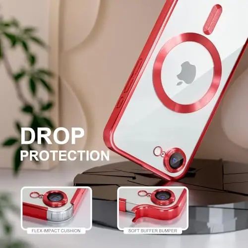 Misea Magnetic for iPhone 16e Case Compatible with MagSafe [Never Yellowing] [Military Grade Drop Protection] Full Camera Lens Protector Plating Soft Clear Phone Case for Women 6.1 inch, Red - 4
