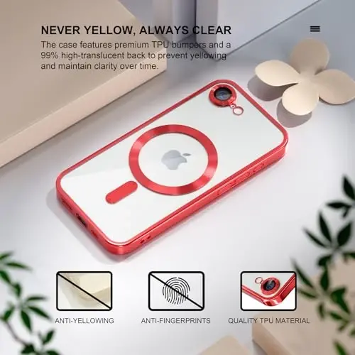 Misea Magnetic for iPhone 17e / 16e Case Compatible with MagSafe [Never Yellowing] [Military Grade Drop Protection] Full Camera Lens Protector Plating Soft Clear Phone Case for Women 6.1 inch, Red - 3