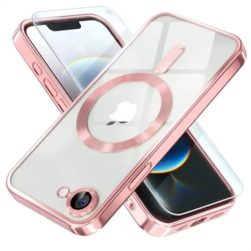 Misea Magnetic for iPhone 16e Case Compatible with MagSafe [Never Yellowing] [Military Grade Drop Protection] Full Camera Lens Protector Plating Soft Clear Phone Case for Women 6.1 inch, Pink - 1