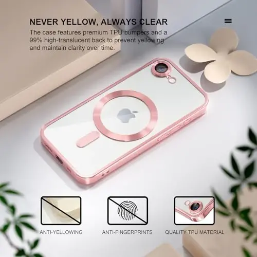Misea Magnetic for iPhone 16e Case Compatible with MagSafe [Never Yellowing] [Military Grade Drop Protection] Full Camera Lens Protector Plating Soft Clear Phone Case for Women 6.1 inch, Pink - 3
