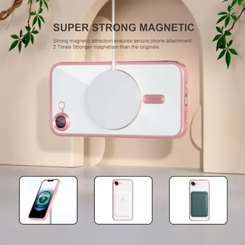 Misea Magnetic for iPhone 17e / 16e Case Compatible with MagSafe [Never Yellowing] [Military Grade Drop Protection] Full Camera Lens Protector Plating Soft Clear Phone Case for Women 6.1 inch, Pink - 5