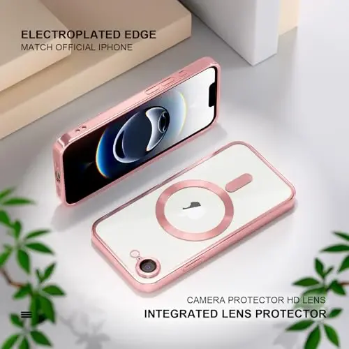 Misea Magnetic for iPhone 17e / 16e Case Compatible with MagSafe [Never Yellowing] [Military Grade Drop Protection] Full Camera Lens Protector Plating Soft Clear Phone Case for Women 6.1 inch, Pink - 6