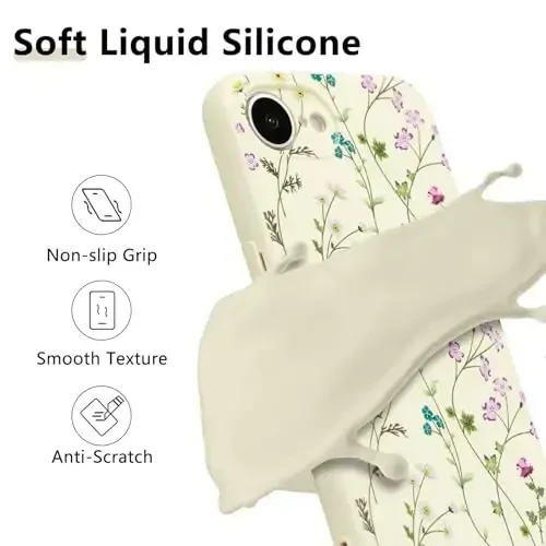 RALEAVO Floral Case for iPhone 16e,Liquid Silicone Cover with Cute Flower Branch Pattern for Girls Women Slim Soft Rubber Protective Phone Case for iPhone 16e (6.1