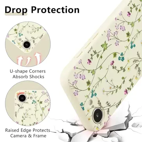RALEAVO Floral Case for iPhone 16e,Liquid Silicone Cover with Cute Flower Branch Pattern for Girls Women Slim Soft Rubber Protective Phone Case for iPhone 16e (6.1