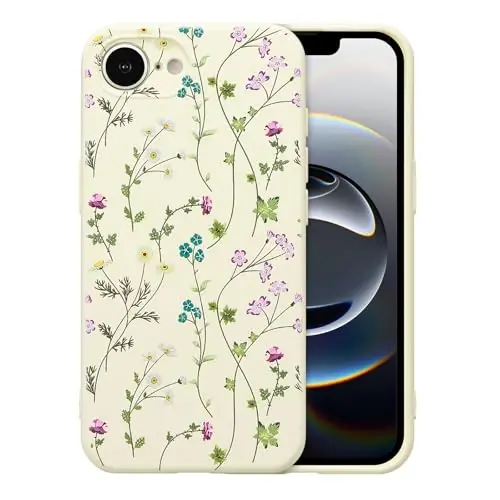 RALEAVO Floral Case for iPhone 16e,Liquid Silicone Cover with Cute Flower Branch Pattern for Girls Women Slim Soft Rubber Protective Phone Case for iPhone 16e (6.1