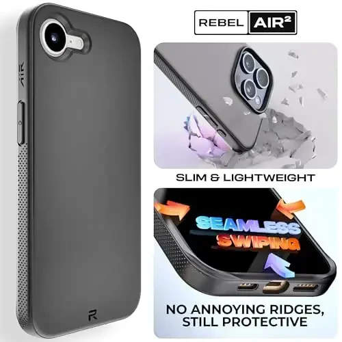REBEL Air Case for iPhone 16e [Air² Series] Compatible with MagSafe, Strong Magnets, Grippy Sides, Slim & Lightweight TPU Cover, Protective Corners, Raised Lens Ring, 6.1 Inch Phone 2025 (Black) - 2