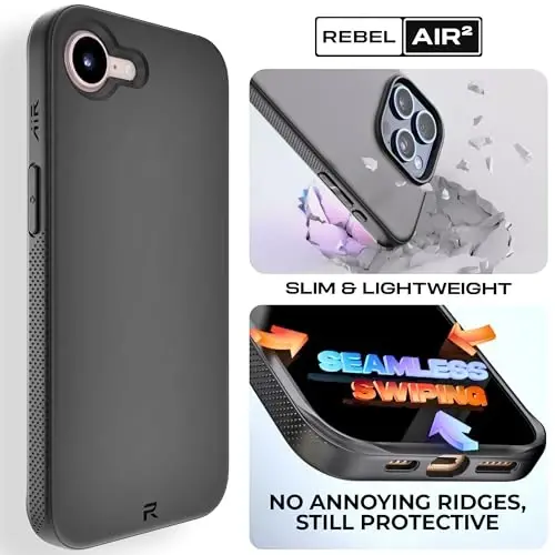 REBEL Air Case for iPhone 16e [Air² Series] Compatible with MagSafe, Strong Magnets, Grippy Sides, Slim & Lightweight TPU Cover, Protective Corners, Raised Lens Ring, 6.1 Inch Phone 2025 (Black) - REBEL (1)