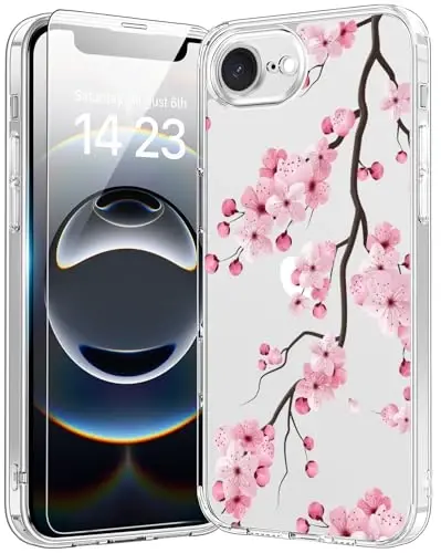 bicol for iPhone 16e Case with Screen Protector, Enhanced Camera Protection, Crystal Acrylic Clear with Fashionable Pattern Designs for Girls Women, Slim Fit Protective Phone Cover, Blooming Cherry 