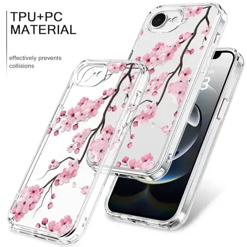 bicol for iPhone 16e Case with Screen Protector, Enhanced Camera Protection, Crystal Acrylic Clear with Fashionable Pattern Designs for Girls Women, Slim Fit Protective Phone Cover, Blooming Cherry - 3