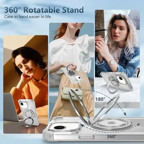 IYTRRYH for iPhone 16E Case Magnetic Compatible with MagSafe Wireless Charging,with 2 Screen Protector,Built-in 360°Kickstand Ring Military Grade Drop Heavy Duty Protection Shockproof Phone Case Clear - 5