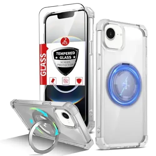 IYTRRYH for iPhone 16E Case Magnetic Compatible with MagSafe Wireless Charging,with 2 Screen Protector,Built-in 360°Kickstand Ring Military Grade Drop Heavy Duty Protection Shockproof Phone Case Clear - 1