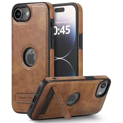 KSELF Leather Case for iPhone 16e Case, Protective Slim with Kickstand Shockproof Phone Cases, Built-in Invisible Stand Compatible with iPhone 16e 6.1'', Brown 