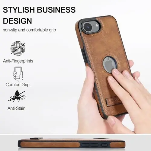 KSELF Leather Case for iPhone 16e Case, Protective Slim with Kickstand Shockproof Phone Cases, Built-in Invisible Stand Compatible with iPhone 16e 6.1'', Brown - 3