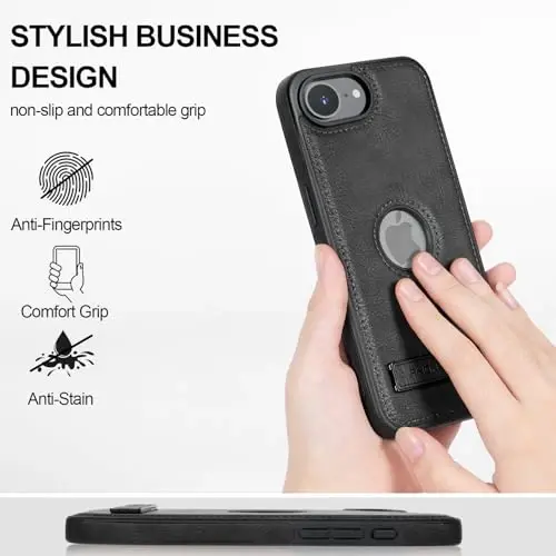 KSELF Leather Case for iPhone 16e/ 17e Case, Protective Slim with Kickstand Shockproof Phone Cases, Built-in Invisible Stand Compatible with iPhone 16e/ 17e 6.1'', Black - 3