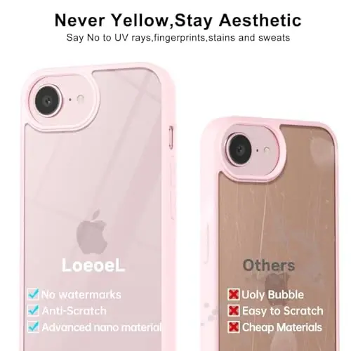 LoeoeL for iPhone 16e Case Clear, Transparent Hybrid 16e Phone Case [Hard Plastic & Soft Silicone Bumper] Acrylic Non Yellowing Thin Slim Protective Cover for Women, Light Pink - 4
