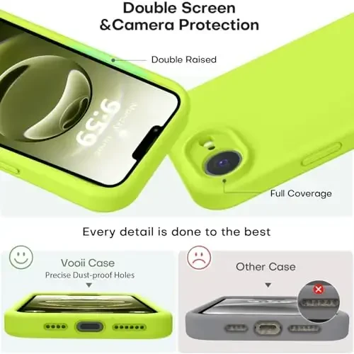 Vooii Compatible with iPhone 16e Case, Liquid Silicone Upgrade [Camera Protection] [Soft Anti-Scratch Microfiber Lining] Shockproof Phone Case for iPhone 16e 6.1 inch - Fluorescent Green - 3
