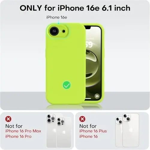 Vooii Compatible with iPhone 16e Case, Liquid Silicone Upgrade [Camera Protection] [Soft Anti-Scratch Microfiber Lining] Shockproof Phone Case for iPhone 16e 6.1 inch - Fluorescent Green - 5
