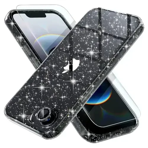 Choiche Compatible for iPhone 16e Case Women Phone Case, Cute Bling Sparkly, Military Grade Drop Protection, 1 Diamond Camera Lens Covers, 2 Tempered Glass Protectors, 6.1 inch (Glitter Black) - CHOICHE
