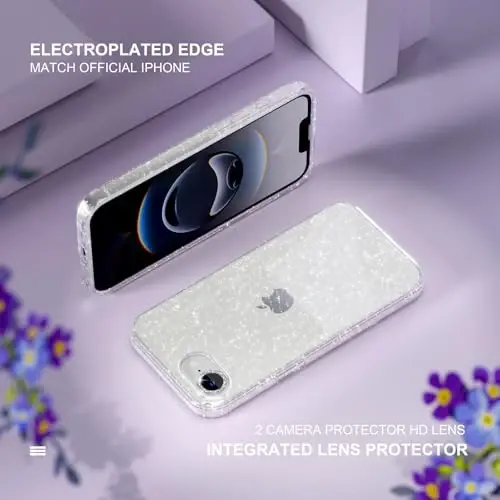 Choiche Compatible for iPhone 16e Case Women Phone Case, Cute Bling Sparkly, Military Grade Drop Protection, 1 Diamond Camera Lens Covers, 2 Tempered Glass Protectors, 6.1 inch, (Glitter Clear) - 4