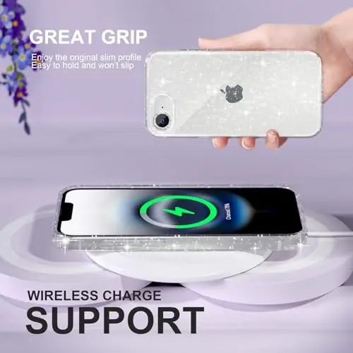 Choiche Compatible for iPhone 16e Case Women Phone Case, Cute Bling Sparkly, Military Grade Drop Protection, 1 Diamond Camera Lens Covers, 2 Tempered Glass Protectors, 6.1 inch, (Glitter Clear) - 6