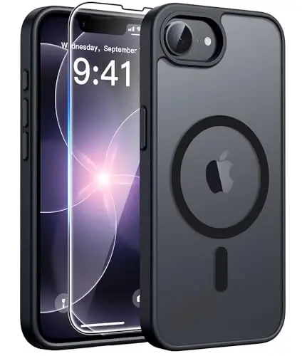 FNTCASE for iPhone 17e/ iPhone 16e Case, Fit for Magsafe, Screen Protector | Translucent Matte Magnetic Back, 14FT Military Grade Drop Protection, Shockproof Protective Phone Cover, Black 