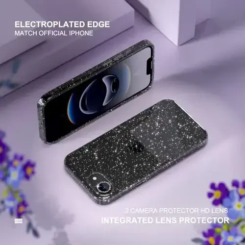 iPhone 16e uchun Choiche mos keladigan ayollar telefon qutisi, chiroyli yaltiroq, harbiy darajadagi tushishdan himoya, 1 olmosli kamera linzalari qopqog'i, 2 закаленное shisha himoyachisi, 6,1 dyuym (Glitter Black) - 4