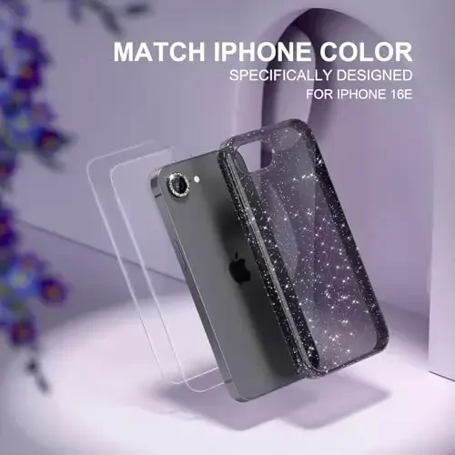 iPhone 16e uchun Choiche mos keladigan ayollar telefon qutisi, chiroyli yaltiroq, harbiy darajadagi tushishdan himoya, 1 olmosli kamera linzalari qopqog'i, 2 закаленное shisha himoyachisi, 6,1 dyuym (Glitter Black) - 7