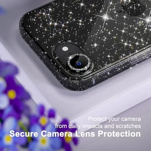 iPhone 16e uchun Choiche mos keladigan ayollar telefon qutisi, chiroyli yaltiroq, harbiy darajadagi tushishdan himoya, 1 olmosli kamera linzalari qopqog'i, 2 закаленное shisha himoyachisi, 6,1 dyuym (Glitter Black) - 3