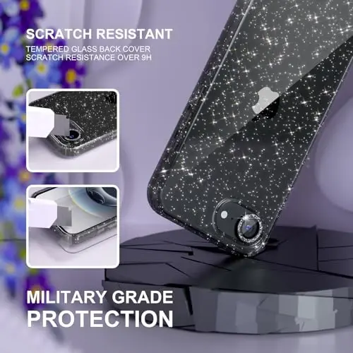 iPhone 16e uchun Choiche mos keladigan ayollar telefon qutisi, chiroyli yaltiroq, harbiy darajadagi tushishdan himoya, 1 olmosli kamera linzalari qopqog'i, 2 закаленное shisha himoyachisi, 6,1 dyuym (Glitter Black) - 5