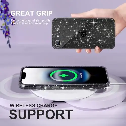 iPhone 16e uchun Choiche mos keladigan ayollar telefon qutisi, chiroyli yaltiroq, harbiy darajadagi tushishdan himoya, 1 olmosli kamera linzalari qopqog'i, 2 закаленное shisha himoyachisi, 6,1 dyuym (Glitter Black) - 6