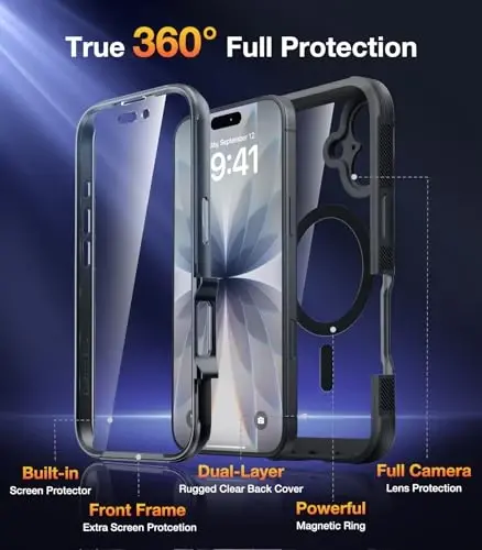 Diaclara Magnetic Designed for iPhone 17 Case 6.3'', Full-Body Military Grade Drop Protection Outdoor Phone case with Built-in Screen Protector, Easy Installation,No Gap,Compatible with MagSafe, Black - 8