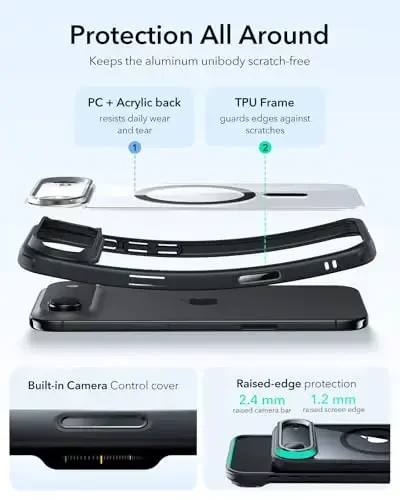 iPhone 17 Air Case uchun ESR g'ilofi, stendli, MagSafe bilan mos keladigan kamera boshqaruvchi qopqoq, harbiy standartdagi zarbadan himoya magnit telefon g'ilofi, tirnalishga chidamli orqa qopqoq, shaffof qora - 1