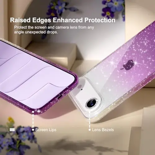 Choiche Compatible for iPhone 17 Air Case, Women Cute Clear Glitter Bling Sparkly Case, [1 x Diamond Camera Lens Protectors] [2 x Tempered Glass Screen Protectors] 6.5-inch (Glitter Clear/Purple) - 4