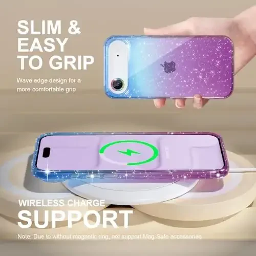 Choiche Compatible for iPhone 17 Air Case, Women Cute Clear Glitter Bling Sparkly Case, [1 x Diamond Camera Lens Protectors] [2 x Tempered Glass Screen Protectors] 6.5-inch (Glitter Blue/Purple) - 6