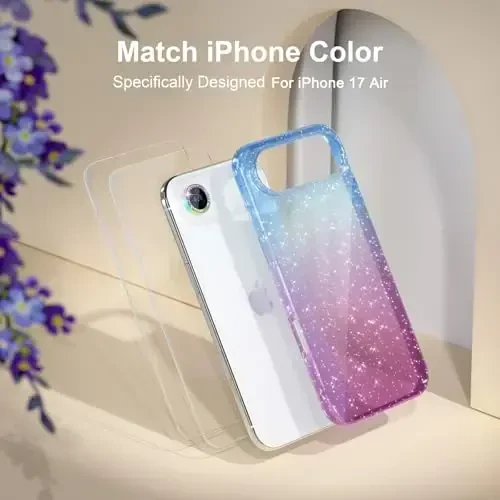 Choiche Compatible for iPhone 17 Air Case, Women Cute Clear Glitter Bling Sparkly Case, [1 x Diamond Camera Lens Protectors] [2 x Tempered Glass Screen Protectors] 6.5-inch (Glitter Blue/Purple) - 7
