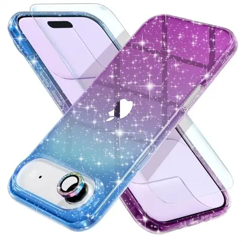 Choiche Compatible for iPhone 17 Air Case, Women Cute Clear Glitter Bling Sparkly Case, [1 x Diamond Camera Lens Protectors] [2 x Tempered Glass Screen Protectors] 6.5-inch (Glitter Blue/Purple) - 1