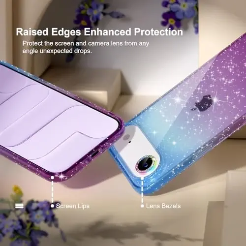 Choiche Compatible for iPhone 17 Air Case, Women Cute Clear Glitter Bling Sparkly Case, [1 x Diamond Camera Lens Protectors] [2 x Tempered Glass Screen Protectors] 6.5-inch (Glitter Blue/Purple) - 4