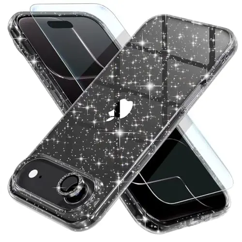 Choiche Compatible for iPhone 17 Air Case, Women Cute Clear Glitter Bling Sparkly Case, [1 x Diamond Camera Lens Protectors] [2 x Tempered Glass Screen Protectors] 6.5-inch (Glitter Black) - CHOICHE
