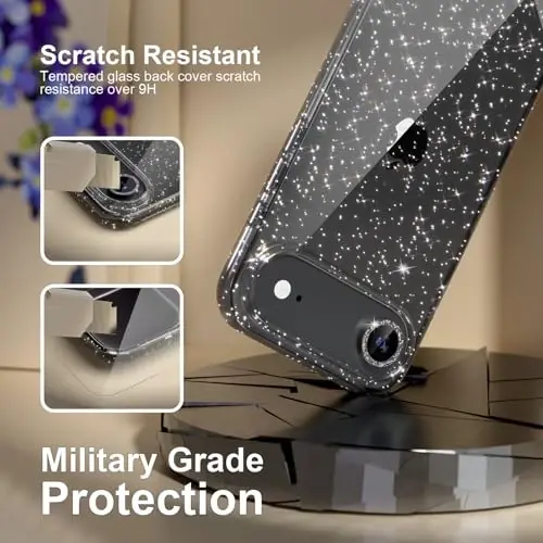 iPhone 17 Air Kılıfı için Uygun Seçim, Kadınlar için Sevimli Şeffaf Simli Parıltılı Kılıf, [1 x Elmas Kamera Lens Koruyucuları] [2 x Temperli Cam Ekran Koruyucuları] 6,5 inç (Simli Siyah) - 5