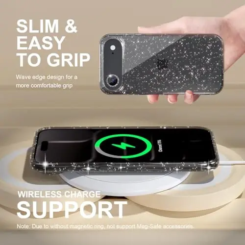 iPhone 17 Air Kılıfı için Uygun Seçim, Kadınlar için Sevimli Şeffaf Simli Parıltılı Kılıf, [1 x Elmas Kamera Lens Koruyucuları] [2 x Temperli Cam Ekran Koruyucuları] 6,5 inç (Simli Siyah) - 6