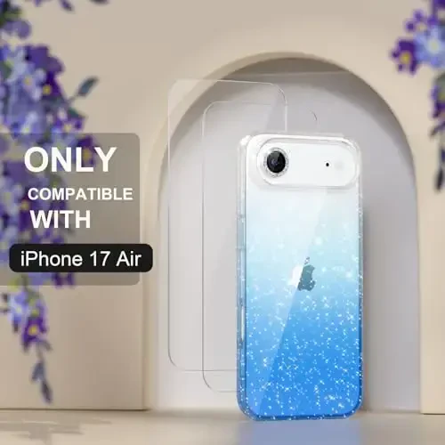 Choiche Compatible for iPhone 17 Air Case, Women Cute Clear Glitter Bling Sparkly Case, [1 x Diamond Camera Lens Protectors] [2 x Tempered Glass Screen Protectors] 6.5-inch (Glitter Clear/Blue) - 2