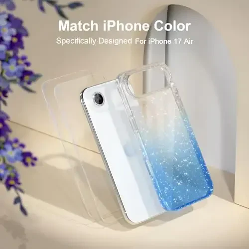 Choiche Compatible for iPhone 17 Air Case, Women Cute Clear Glitter Bling Sparkly Case, [1 x Diamond Camera Lens Protectors] [2 x Tempered Glass Screen Protectors] 6.5-inch (Glitter Clear/Blue) - 7
